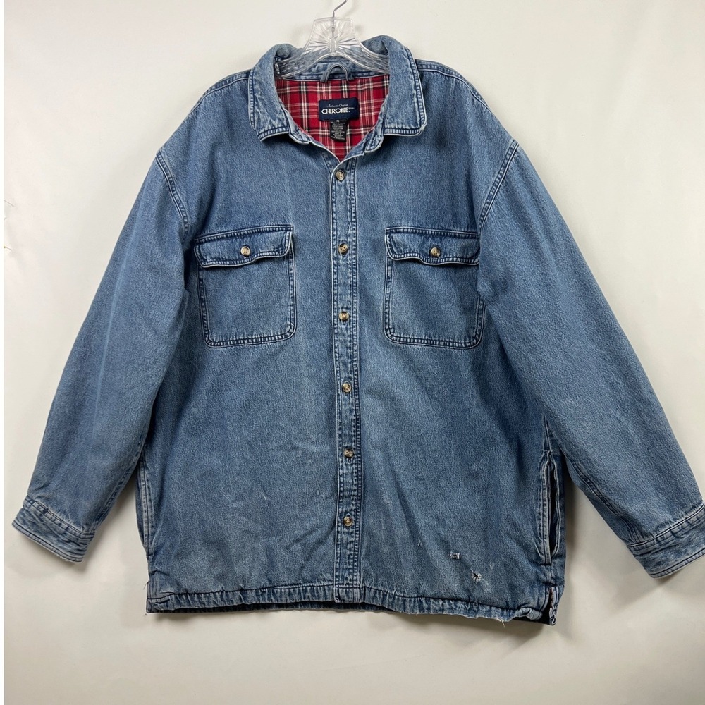 Cherokee Denim Shirt Jacket Womens XL edPlaid Lined Flannel Shacket Distress